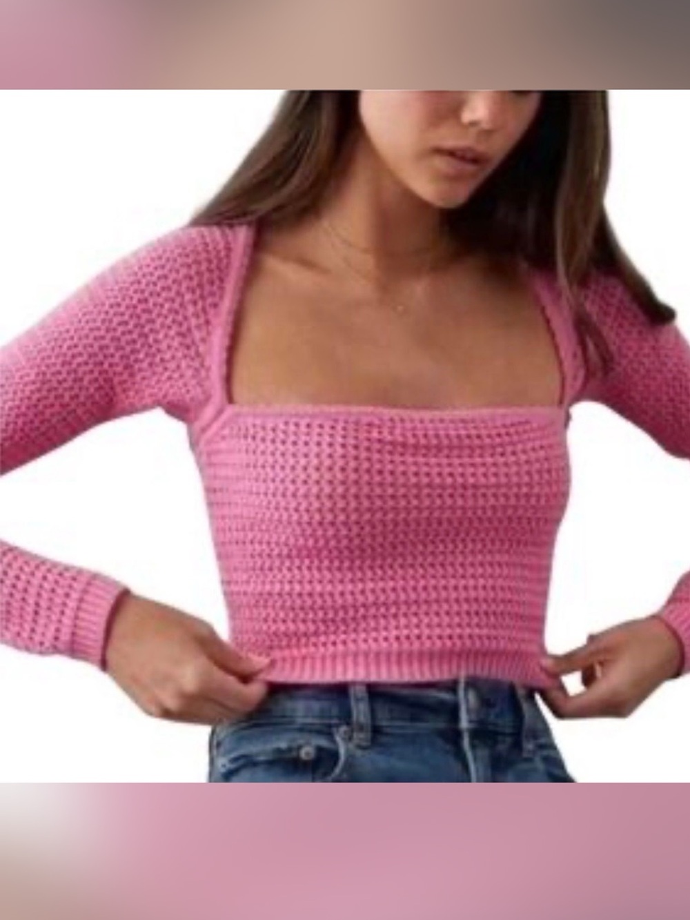 American Eagle Pink Crocheted Square Neck Long Sleeve Crop Sweater
